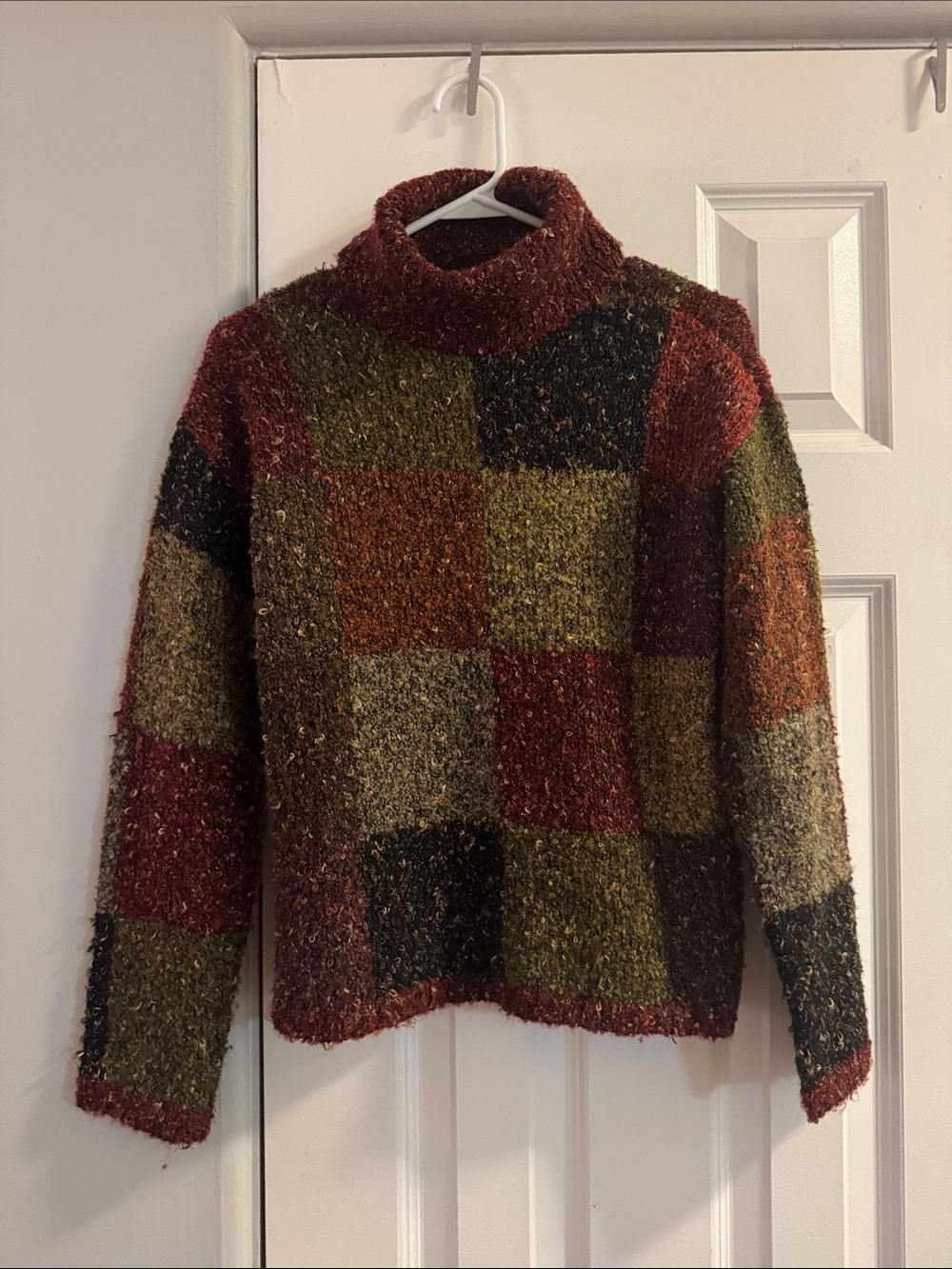 david brooks Patchwork Turtleneck Sweater in Rust, Olive & Black
